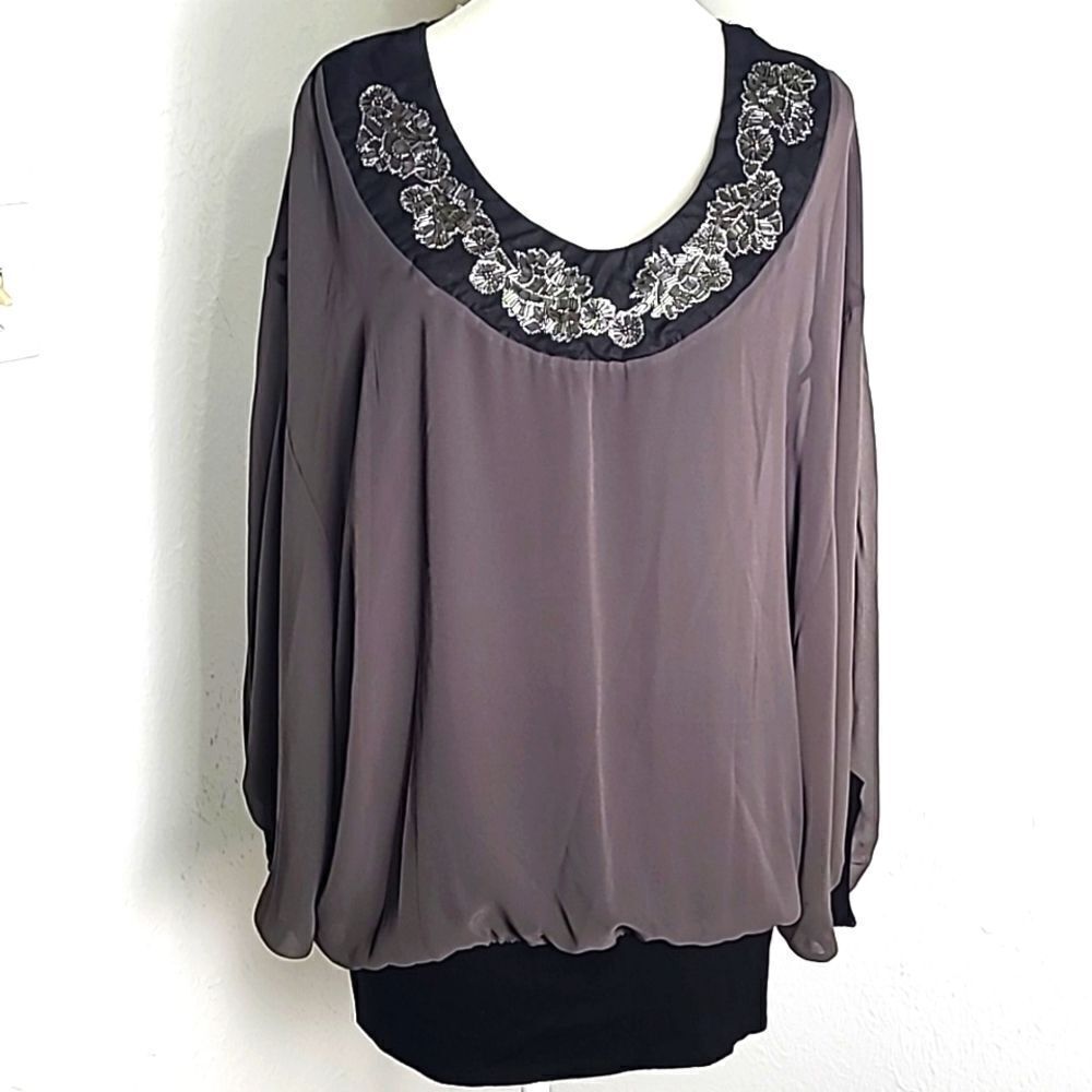Cha Cha Vente Gray Sheer Top, Black Neckline & Waist Kimono Sleeves, Sz Med, NWT